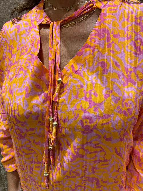 Eva Kayan Pink Orange Print Tie Neck Blouse