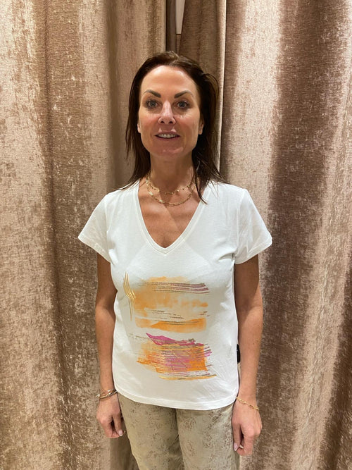Eva Kayan Orange/Pink Paint Print V Neck T-shirt