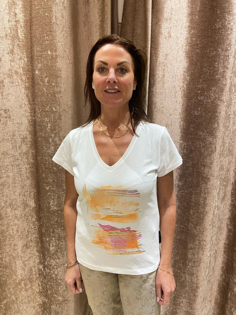Eva Kayan Orange/Pink Paint Print V Neck T-shirt