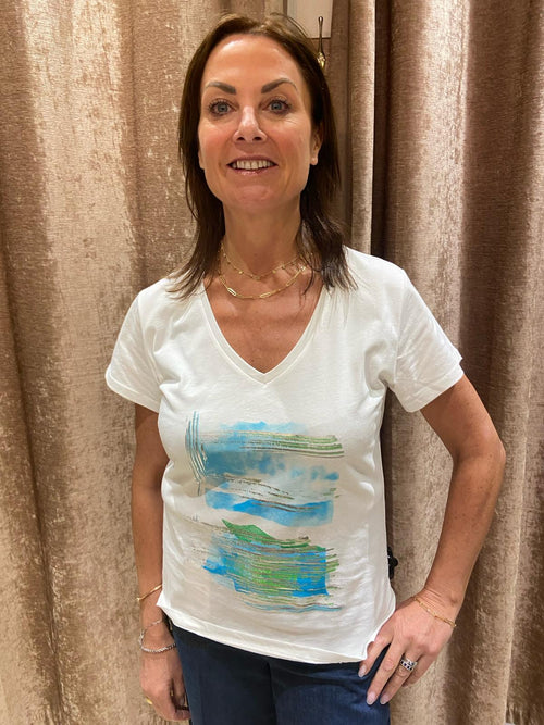 Eva Kayan Blue/Green Paint Print T-shirt With V Neck