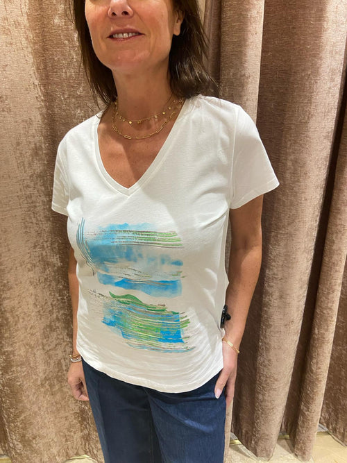 Eva Kayan Blue/Green Paint Print V Neck T-shirt