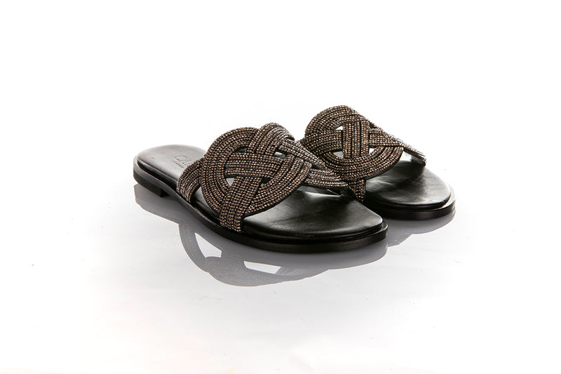 Caryatis Black Metallic Slip on Sandal