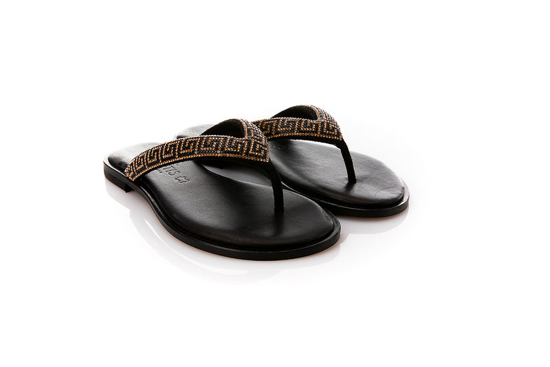 Carytis Black Leather Thing Sandal with Beading Detail