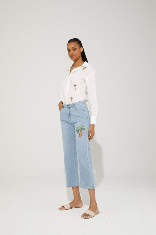 Goa Goa Farfy Denim  Cropped Jeans with Embroidered Palm