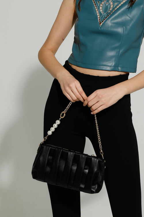 Goa Goa Pleated Black Shoulder Bag with Pearl and Chain Strap