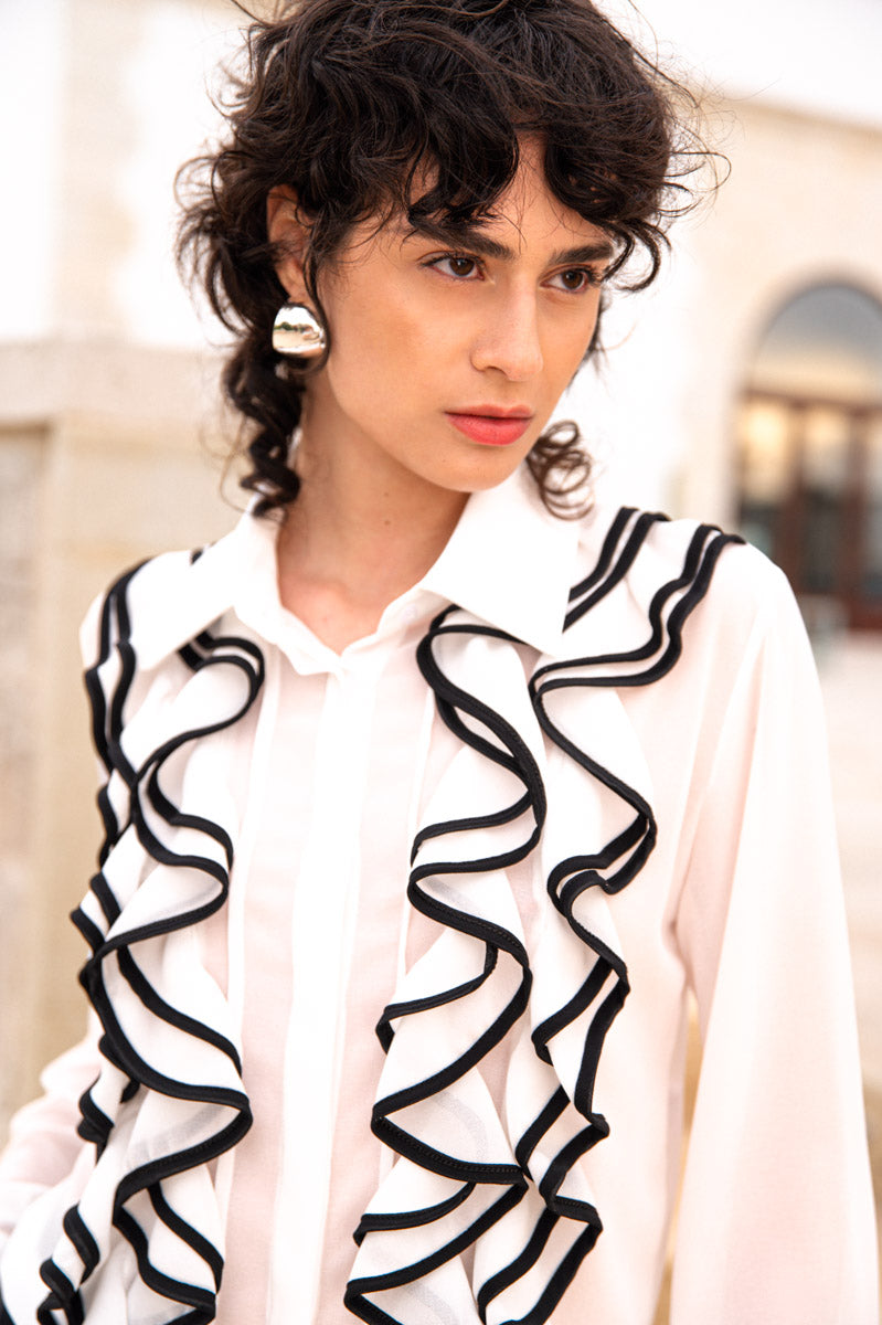 Kaos White Frilly Blouse with Black Piping