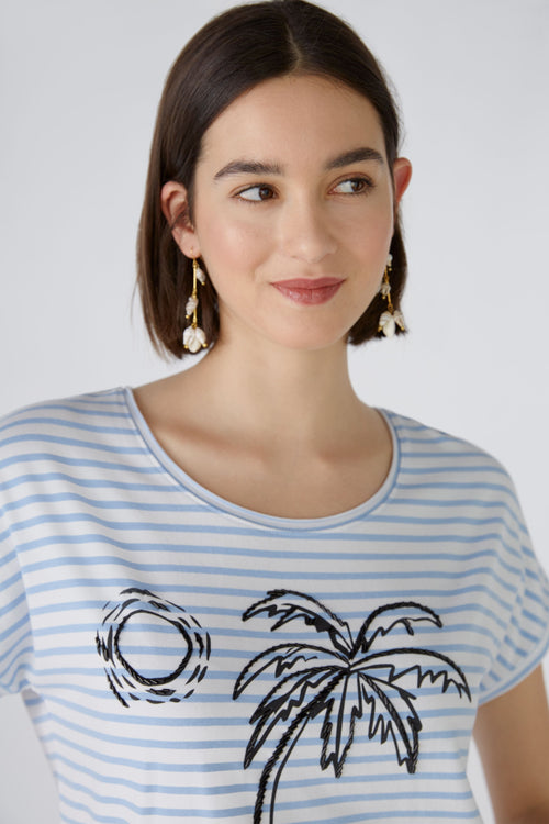 Oui Striped Cotton Palm Print T Shirt