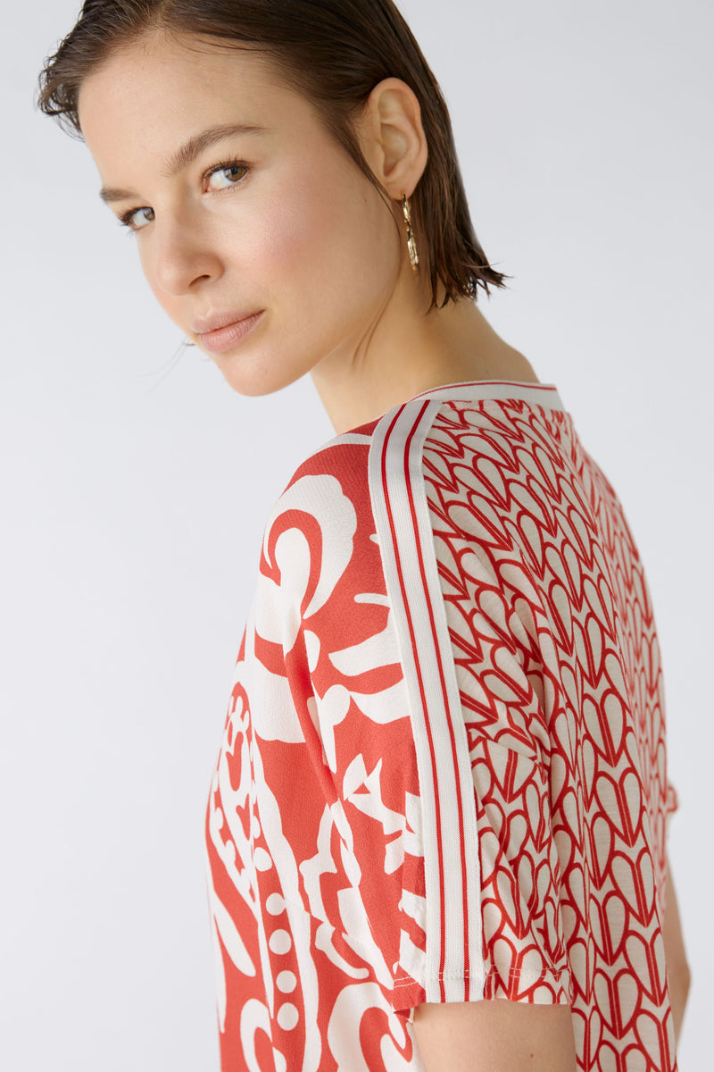 Oui Red White Printed Top Drop Shoulder