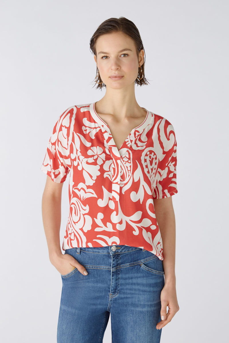 Oui Red and White Printed Top