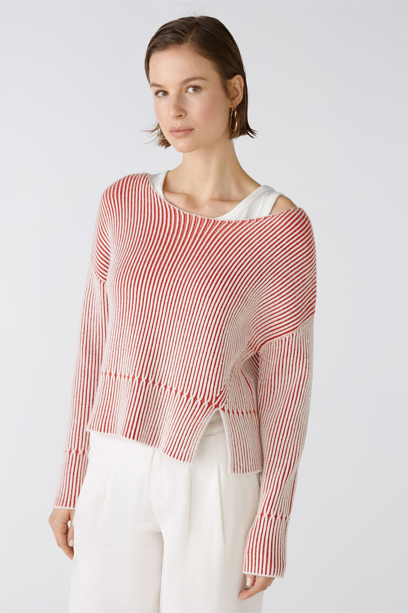 Oui Womens Red/White Ribbed Boat Neck Jumper
