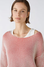 Oui Red/White Ribbed Knit  Boat Neck Jumper