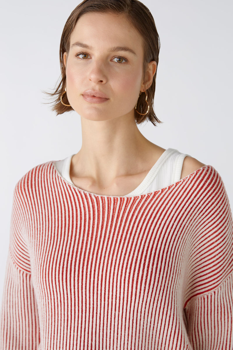Oui Red/White Ribbed Knit  Boat Neck Jumper