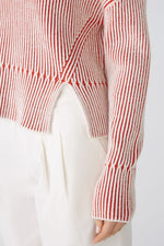 Oui Red/White Ribbed Boat Neck Jumper With Trumpet Sleeves